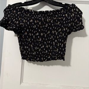 Xhilaration Black and White Puff Sleeve Smocked Crop Blouse